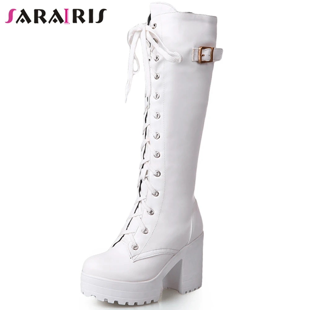 

SARAIRIS New 34-43 Elegant Ladies Lace Up Platform mid-calf Boots Women 2019 High Chunky Heels Date Shoes Woman