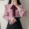 Ruffled Bow Tie Top Autumn Basic Office Lady Work Wear Flare Sleeve Cute Women Single Breasted Button Solid White Shirts Blouses 1