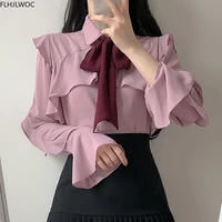 Ruffled Bow Tie Top Autumn Basic Office Lady Work Wear Flare Sleeve Cute Women Single Breasted Button Solid White Shirts Blouses 1