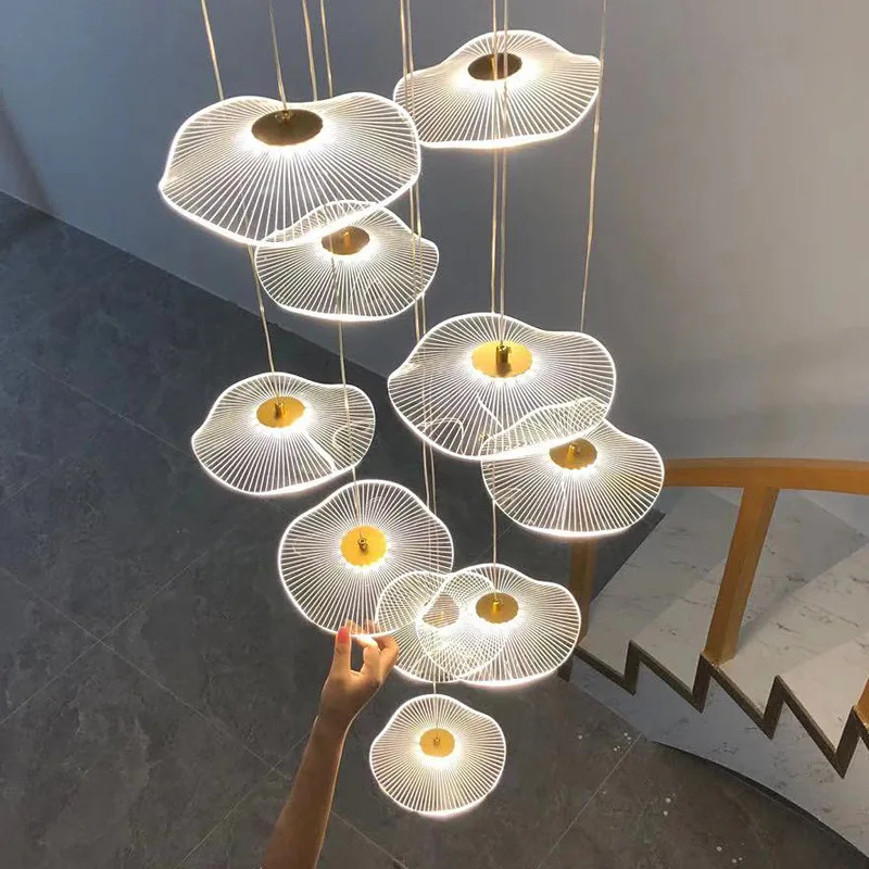 Lotus Leaf Pendant Light Villa Living Room Dining Bar Pendant Lamp Hotel Art Lamp Luxury Long Stair Hanging Light