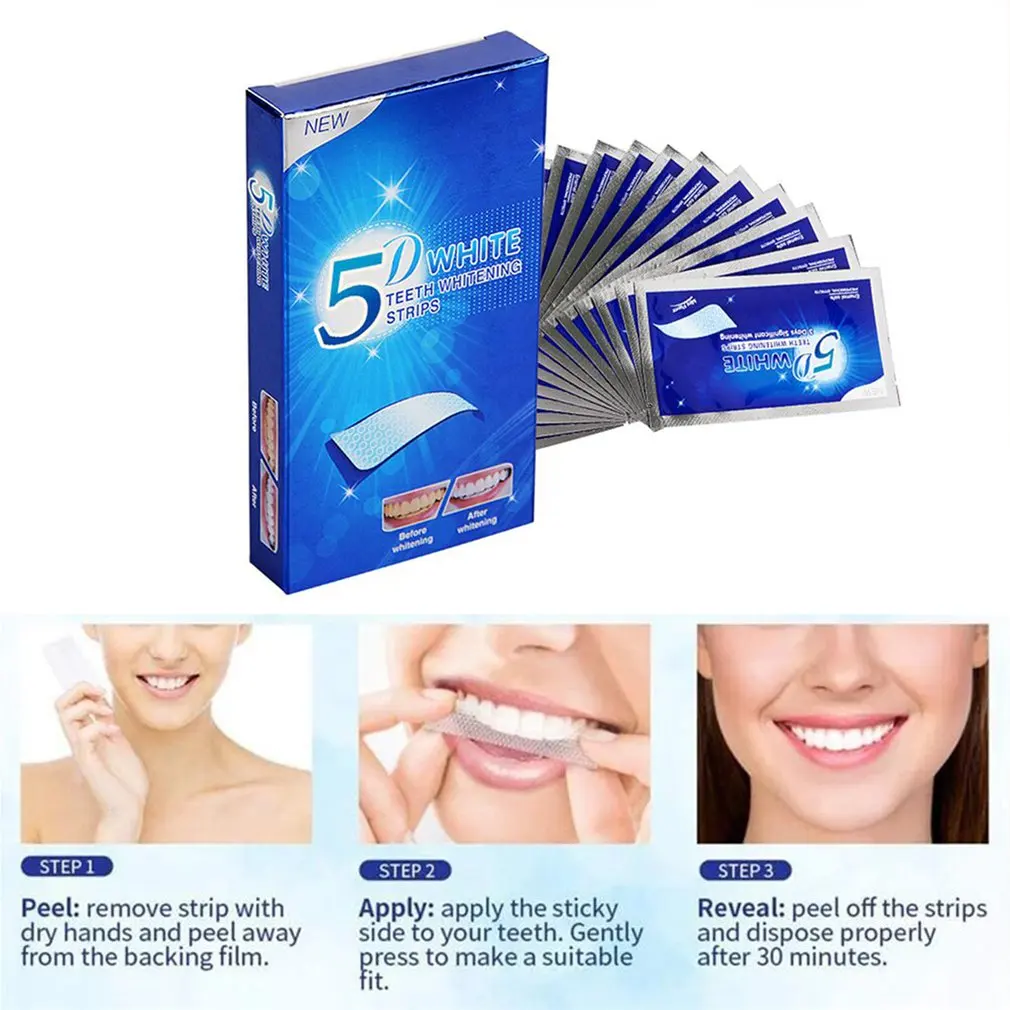 7 Pairs Strips 5D Gel White Teeth Cleaning Strips Oral Hygiene Care Double Elastic Teeth Bleaching Strips False Teeth Veneers