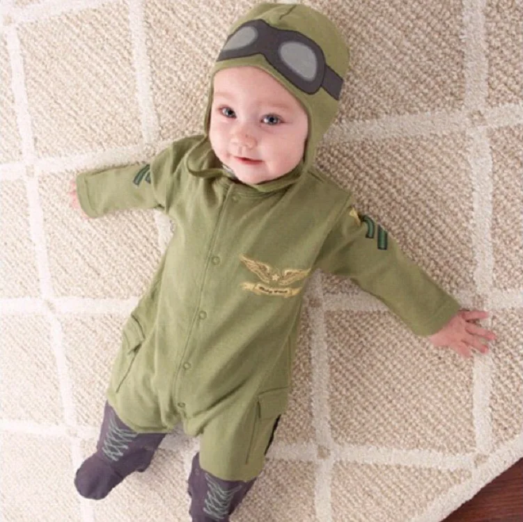 

1-Piece BOY'S Pilots Long Sleeve Onesie Hooded Army Green Cotton Romper No Booties