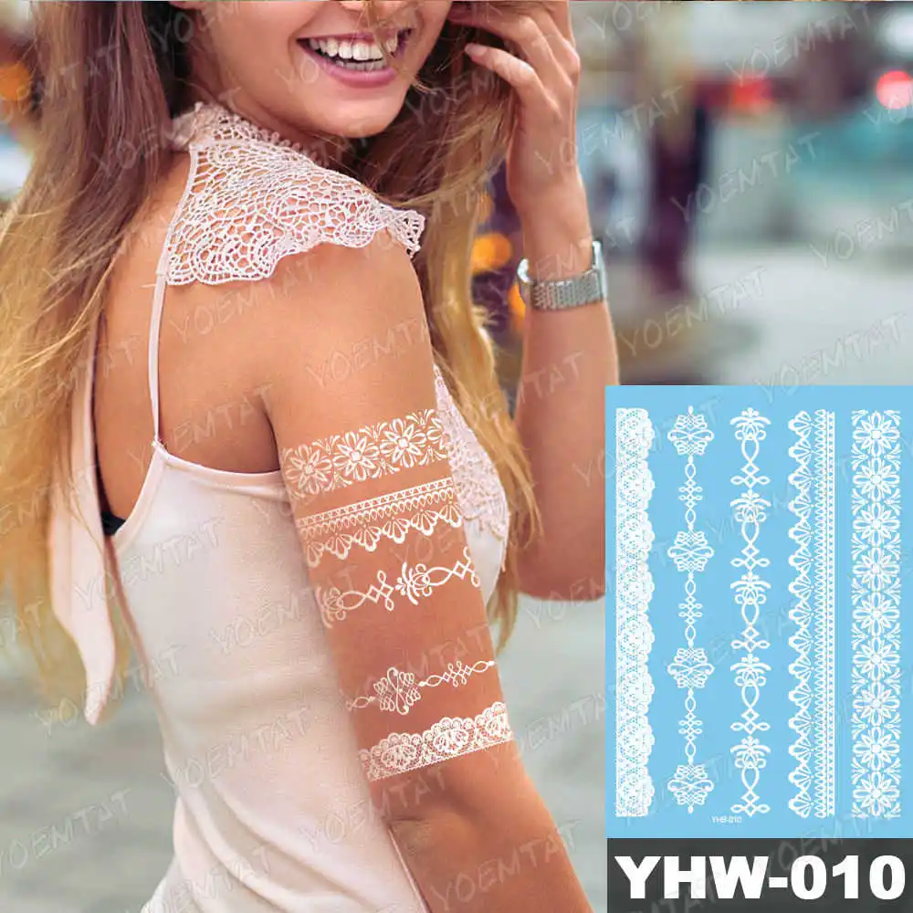 08-YHW-010 1 шт., модные, блестящие, водонепроницаемые, тату, для женщин, белые чернила, хна, тату, драгоценный камень, кружева, цветок, для невесты, тату, мандала, Временные татуировки, наклейка - Цвет: 08-YHW-010