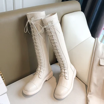 

Newest genuine Leather Women Knee High Boots Winter Brand Riding Boots Night Club Shoes lace up low heels Woman Boots