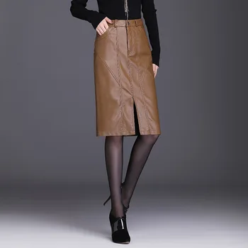 

PU Leather Skirts Womens 2020 New Spring Autumn High Waist Split Solid Package Hip Bodycon Skirt Elegant OL Skirt Khaki Black