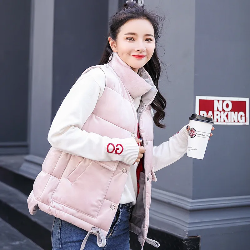 

Female Double-sided wear gold velvet jacket down cotton vest short section thickened stand collar vest autumn winter waistcoat