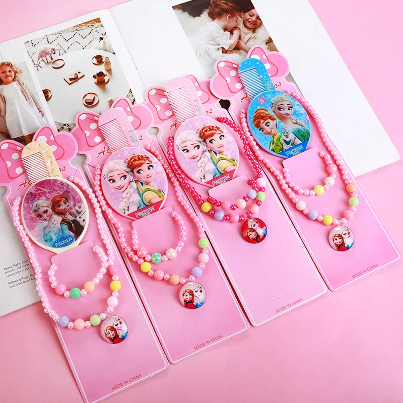 4pcs Disney princess cartoon Mirror comb+necklace bracelet Elsa Jewelry accessories children Frozen doll girl gift cosmetic toy