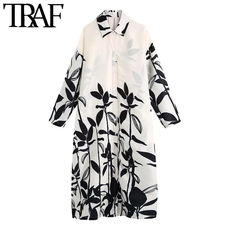 TRAF-vestido Vintage de manga larga con botones para Mujer, elegante, a la moda, estampado de gran tamaño, Midi