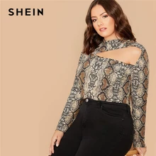 SHEIN, разноцветный топ размера плюс с вырезом, змеиный принт, Женская Осенняя облегающая футболка с длинным рукавом, обтягивающие сексуальные футболки