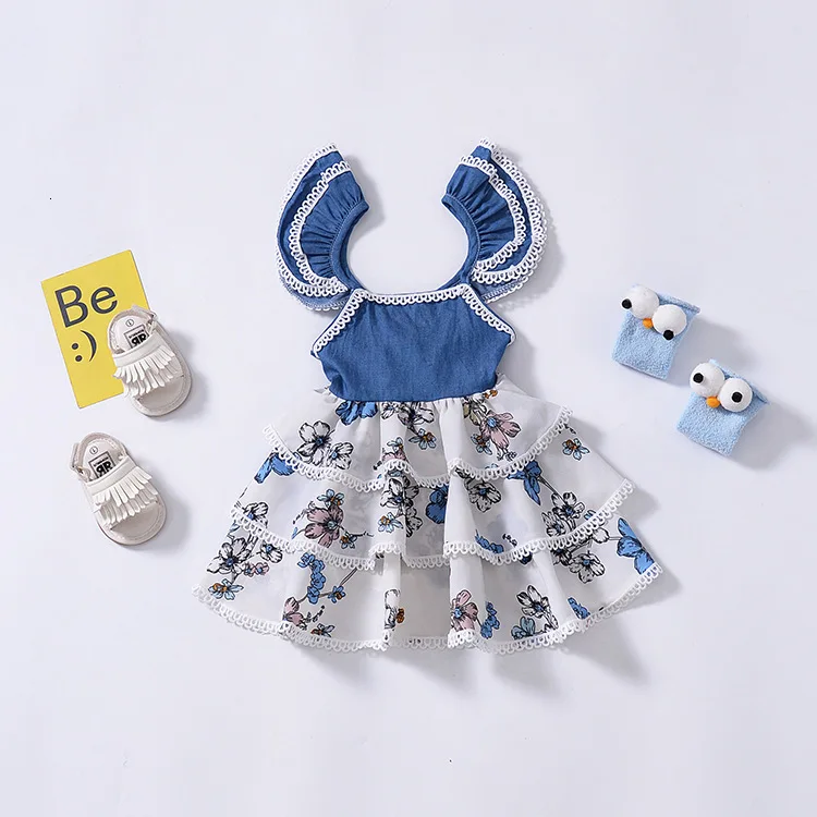 Новинка года; Платье с принтом и рукавами-крылышками для маленьких девочек; 1021-H915 жилет для малышей нарядное кружевное платье с маленькими рукавами-крылышками