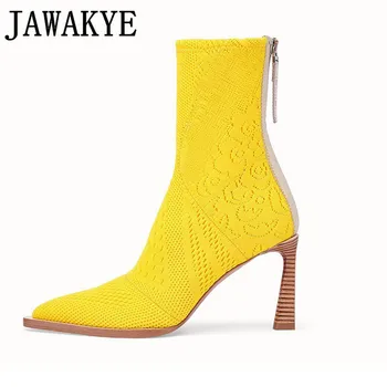 

Candy color Knitted Ankle Boots for women high heels elastic stretch autumn woolen lsock shoes Short boots runway pointed toe