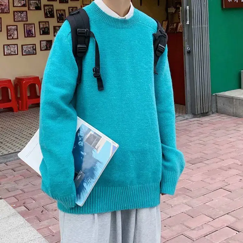 

Solid Color Sweater Men's Warm Fashion Casual Knitted Pullover Men Wild Loose Korean O Neck Knitting Sweaters Mens Clothes M-2XL