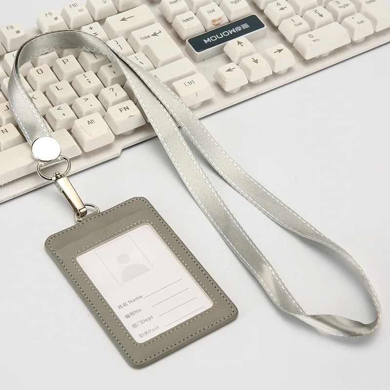 gray With lanyard Новинка, держатель для кредитных карт из искусственной кожи, держатель для карт, студенческий мультяшный автобус, держатель для карт, кожаный чехол с ремешком, значок для имени работника - Цвет: gray With lanyard