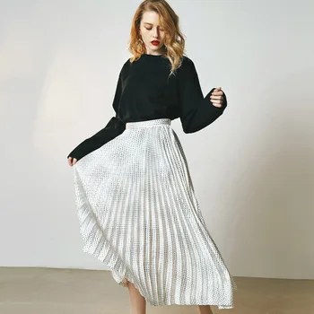 

women skirts 2019 autumn winter plus size long length flared white polka dot pleated office casual sexy skirt