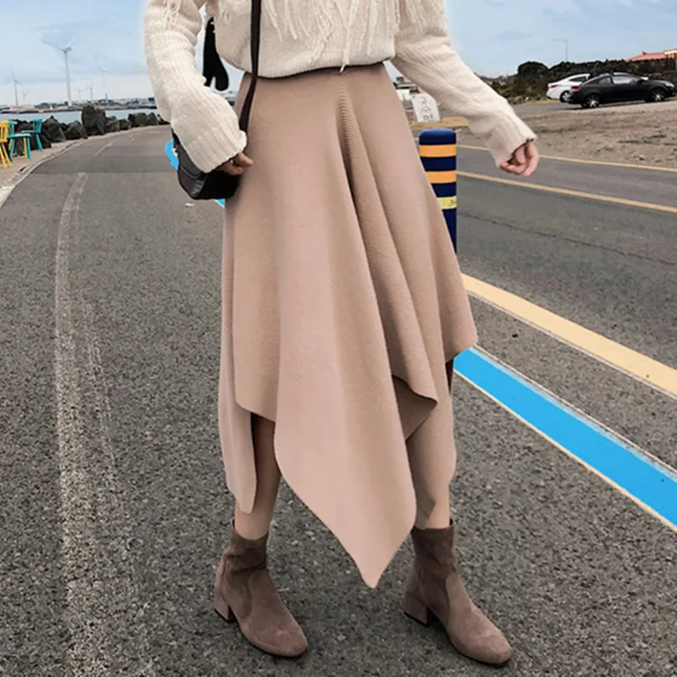 High Waist Pleated Skirts Women Autumn Winter Knitted Long Skirt Women Casual Korean Elegant Asymmetrical Midi Skirt Lady - Цвет: Хаки