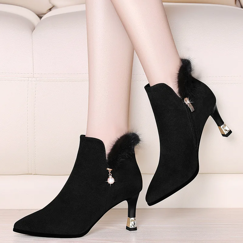 

Women's Pointed-Toe Thin Heeled High Heel Boots Women's 2019 Autumn And Winter New Style Fluffy Shoes Outer Wear plus Velvet Boo