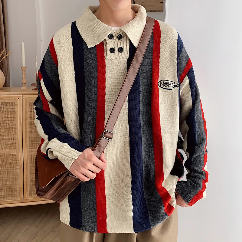 

2019 Winter Men's In Warm Coats Lapel Collar Cashmere Pullover Casual Male Knitting Red/blue Color Woolen Sweaters Size S-XL