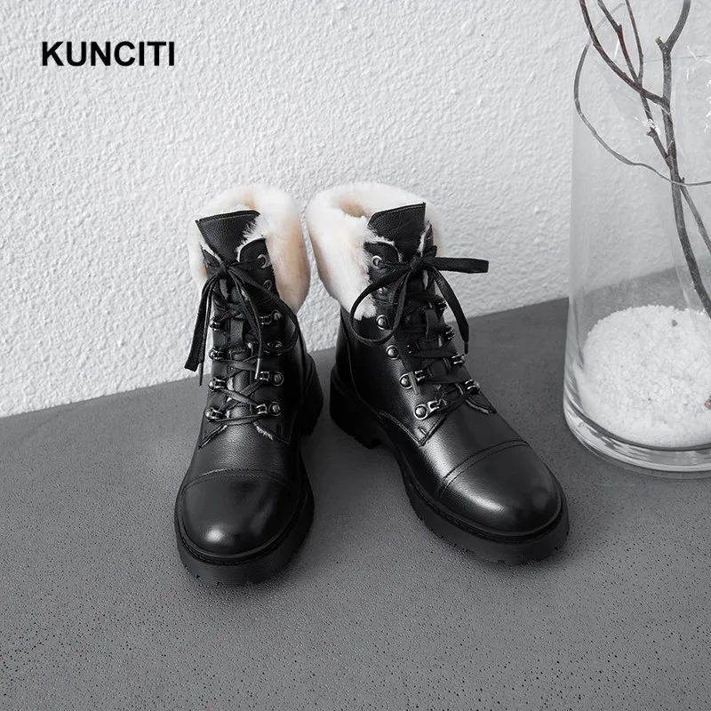 KUNCITI/; теплые зимние ботинки из натуральной кожи; Зимние ботильоны на шнуровке с защитой от холода; женские Ботинки martin с заклепками; D9248