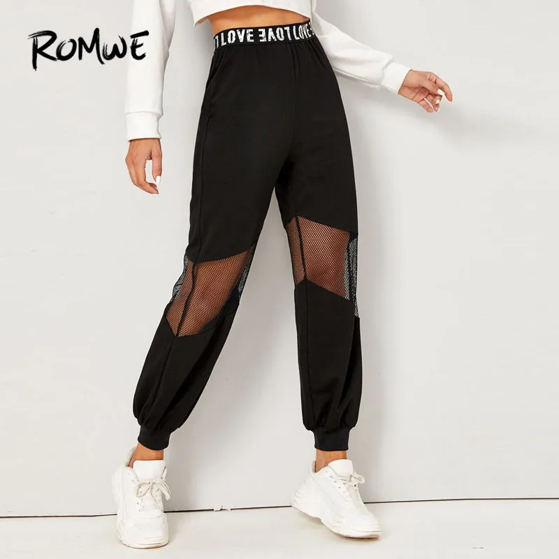 

Romwe Sporty Letter Graphic Waist Mesh Insert SweatPants Women Spring High Waist Pants Gym Joggers Bottoms Clothes Workout Pants
