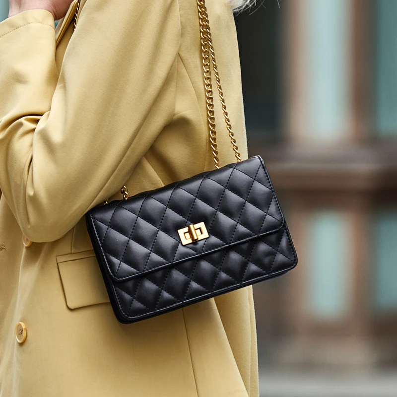 

ZOOLER Fashion Small Genuine Leather Clutch Bags Chain Women's Diamond Lattice Handbag Leather Day Clutch One Shoulder#tc203