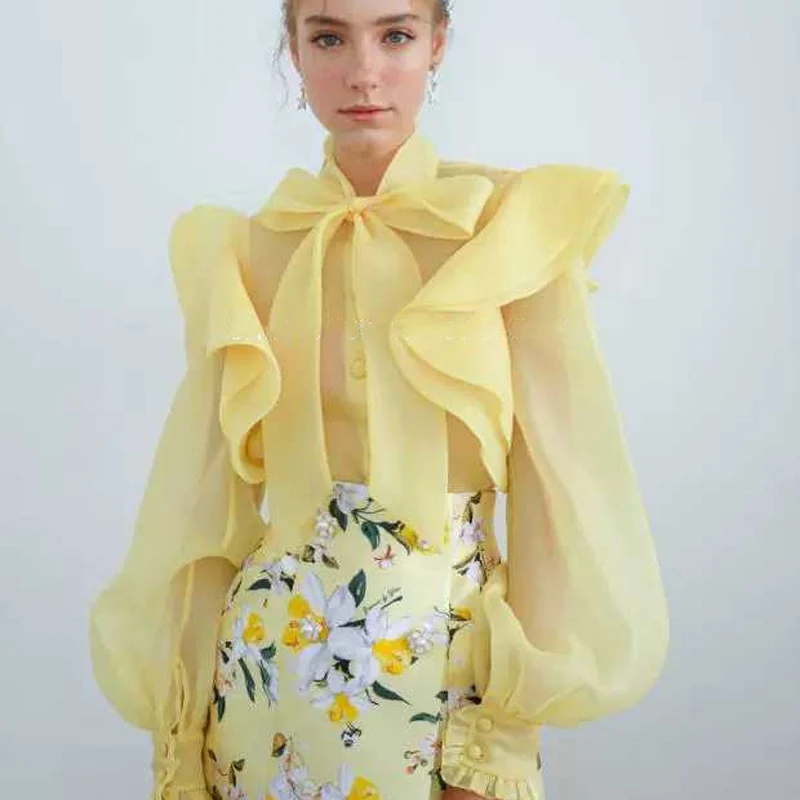 

2019 New Fashion Bow Solid Yellow Woman Sweet Chiffon Blouse Puff Long Sleeve Ruffles Mesh Female Tops Holiday Vacation Shirts