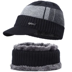 2021 New High Quality Winter Knit Beanie Scarf 2 Pieces Set Thick Lining Plus Velvet Men's Visor Hat Warm Dad Cap Soft