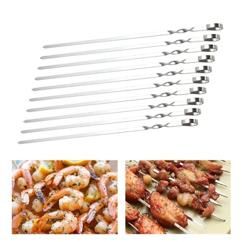 

10 Uds. Pinchos reutilizables planos de acero inoxidable para barbacoa, pinchos para barbacoa, aguja para acampar al aire libre,