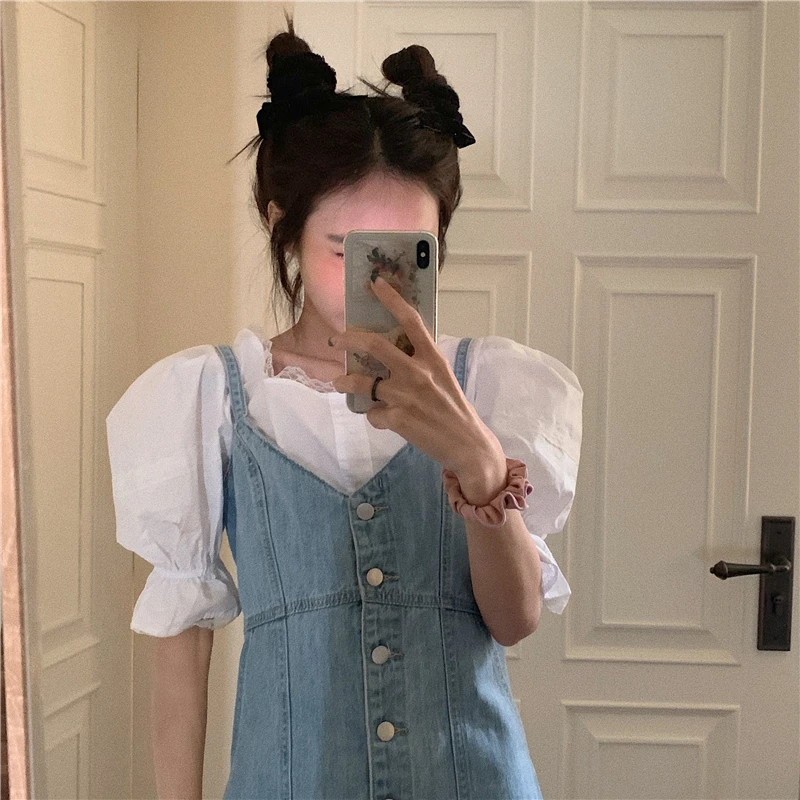 Summer Korean Sweety Girly Fashion Two Piece Set Cute Lace Puff Sleeve White Shirt Loose Denim Suspenders Dresses Casual Suit