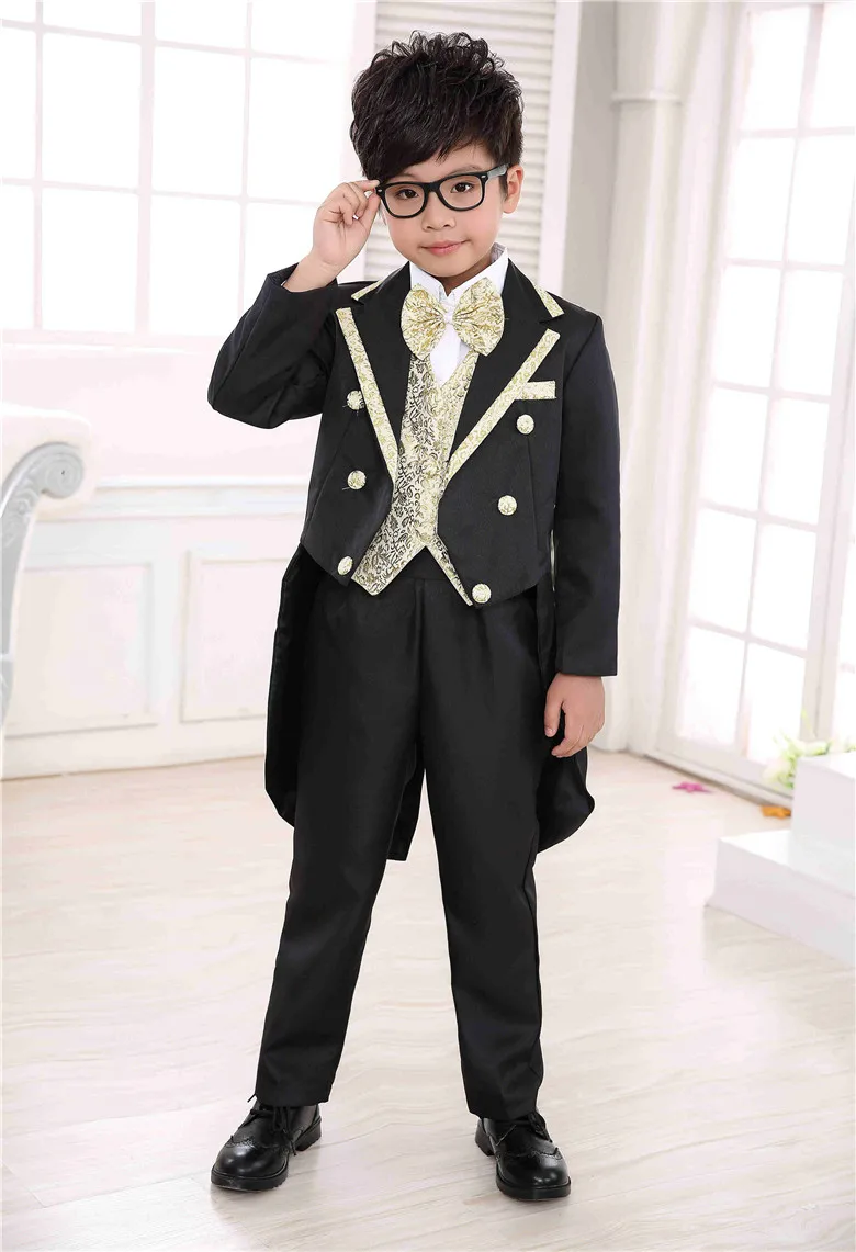 От 3 до 12 лет костюм-смокинг для мальчика фортепианных выступлений костюм Свадебные костюмы для мальчиков 6 шт./компл. куртка+ жилет+ рубашка+ ремень+ штаны+ галстук-бабочка, 4 варианта дизайна, Размер от 100 до 160