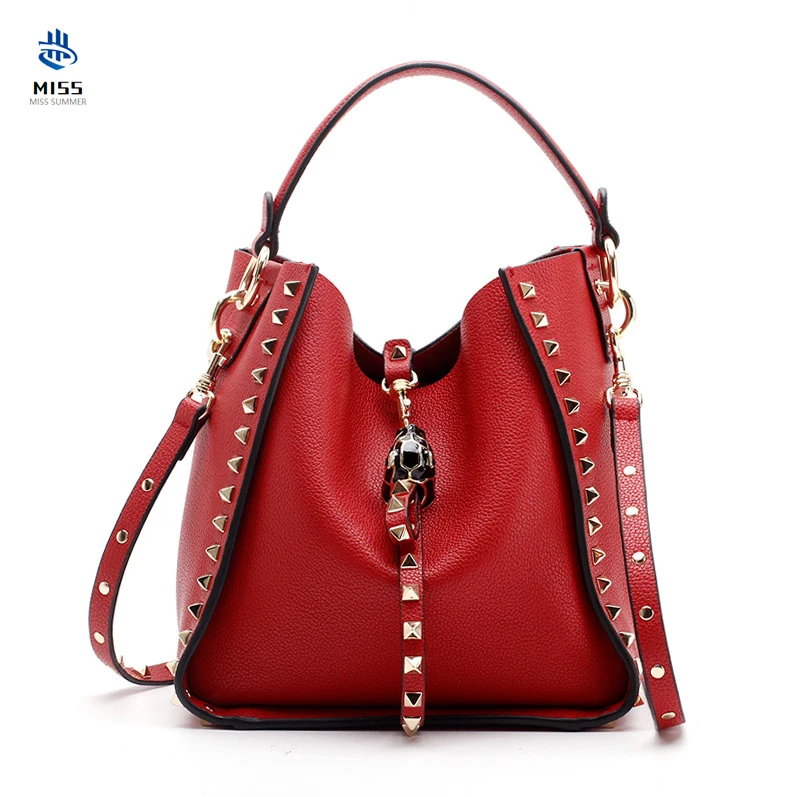 

2019 new women's bag Luxury cow leather design rivet handbag Leopard head shoulder messenger bag High quality bucket bag
