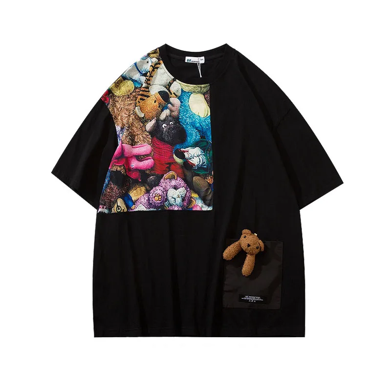 

Tide Brand Design Sense Stitching Bear Pendant T-shirt Men And Women Niche Hip-hop Lovers Large Size Short-sleeved Summer Dress