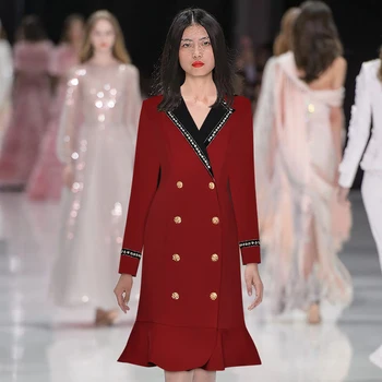 

Elegant Runway Office Lady Long Sleeve Ruffle Red Blazer Dress Women Slim Bodycon Midi Spring Autumn Fashion Work Wear Clothes