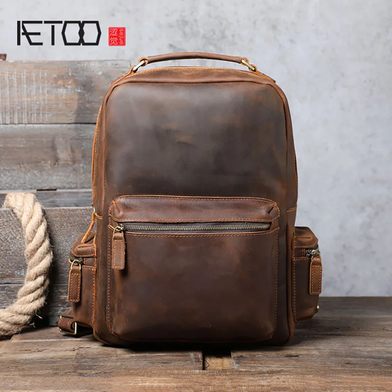 AETOO Retro Crazy Horse Leather Backpack Men's Leather Backpack Handmade Large Capacity Computer Bag