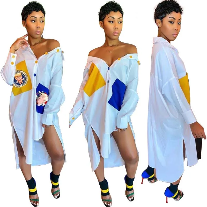 

African Clothes Plus Size Printed Blouse Women Casual Irregular T-Shirt Skirt Dashiki Long Sleeve Side Split White Shirt Robe
