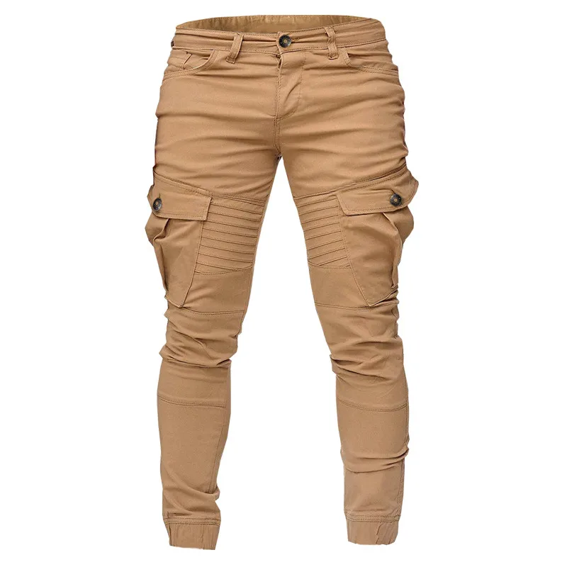 HuLooXuJi мужские брюки карго осень зима сплошной цвет морщин сплайсинга эластичный пояс карандаш брюки пот брюки US Размер: S-3XL
