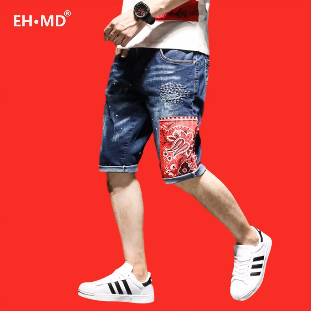EH · MD®Pantalones cortos de para hombre colgante pintado decorado Micro capítulo bordado pantalones de cinco puntos puro Delgado vaqueros| - AliExpress