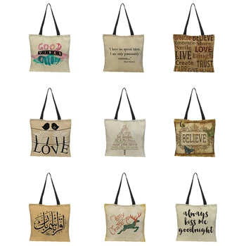 

Customized ladies shoulder bag double-sided printing letter text high-grade linen foldable reusable casual shopping text pattern