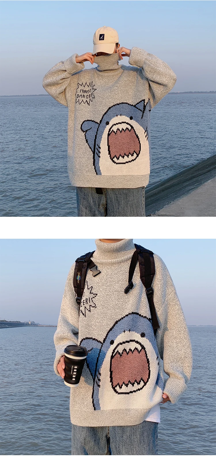Men Turtlenecks Oversized Sweater Shark Letter JKP4765