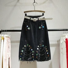 Джинсовая юбка с дырками и блестками; Новинка года; Длинная юбка с бахромой; тонкая юбка