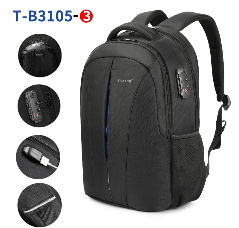 Tigernu брызгозащитный 15.6 дюймовый ноутбук рюкзак без ключа TSA Анти Вор Мужчины рюкзак путешествия подростковый рюкзак сумка мужской рюкзак - Цвет: Black Blue upgrade