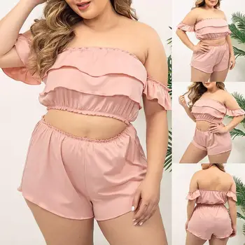 

Plus Size Women Summer Pajama Set Trim Ruffle edge Burgundy Cami Top With Shorts Sleepwear Sleeveless Spaghetti Strap Nightwear