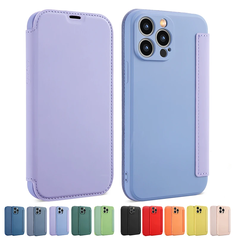 Flip Leather Liquid Silicone Case For iphone 12 13 11 Pro Max X XR XS Max 8 7 Plus SE 2020 Lens Protection Card Book Cover Coque 13 pro max cases