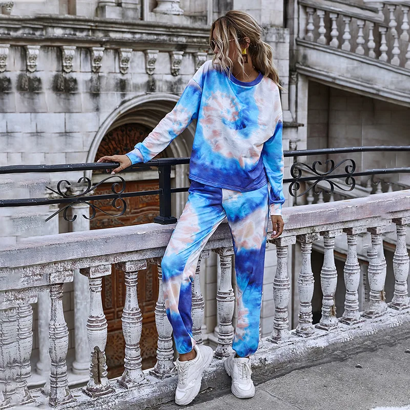 

2020 New Style for Autumn and Winter Tie-Dye Cool Spin Ring Printed Long-Sleeved Pullover Hoodie Suit Female two piece set