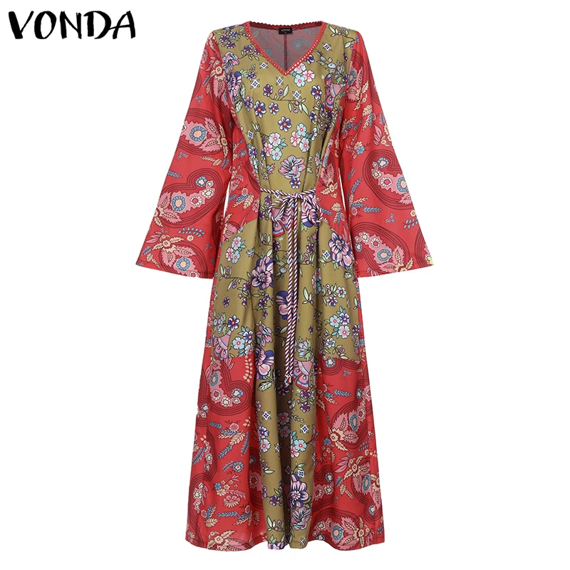 Vintage Printed Long Sleeve Maternity Dress 2019 VONDA Summer Sexy V Neck Casual Loose Bohemian Sundress Pregnancy Vestidos