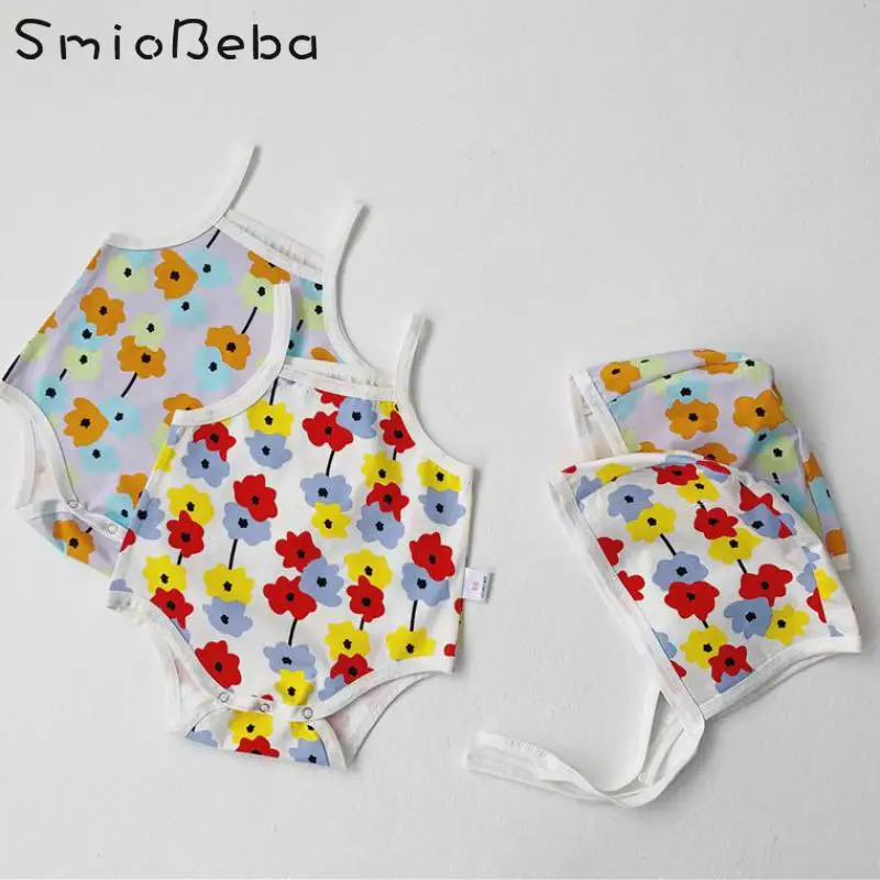 Ins Summer Korea Girls Colorful Rompers with Hats Baby Flower Sling Hatchwear Cute Triangle Creeper Hoodie Newborn Girl Clothes | Детская