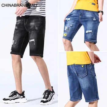 

705 Big Size Shorts Male Elastic Force Hole Cowboy Shorts Summer Loose Slim Trend Fat Man Seven Points Pants 32-48