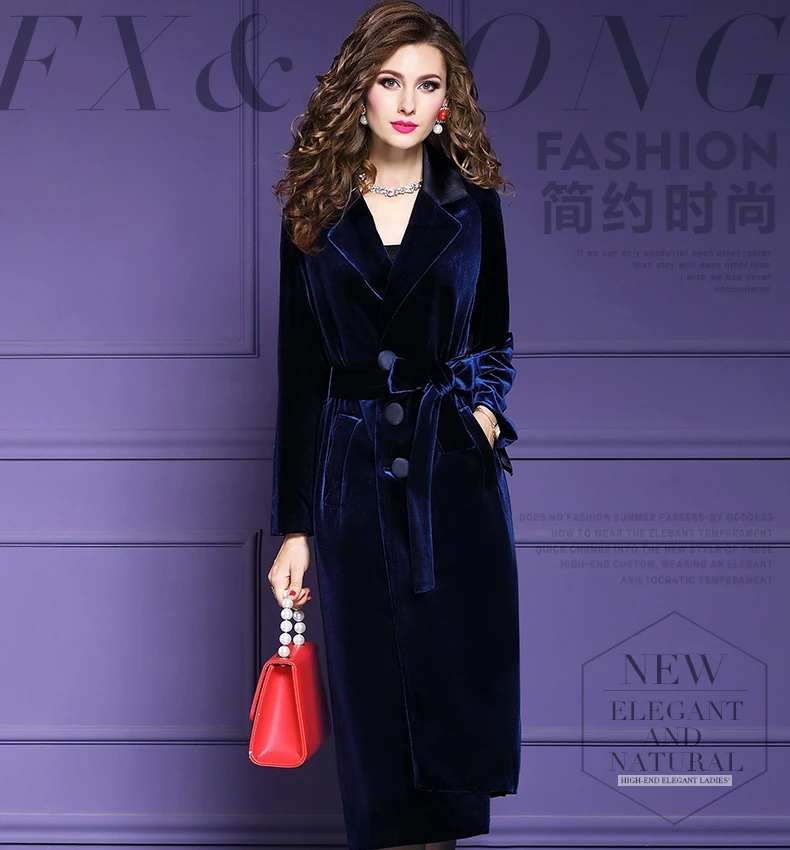 Feimengyi Velvet Trench Coat Women's Winter New Style Fold-down Collar Retro Lace-up Long Sleeve Mid-length Overcoat 21073