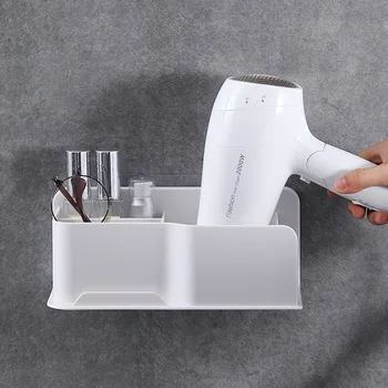 

One Hole Adhesive Wall Hair Dryer Holder Rack Blower Organizer Hanging Shelf Storage Mount Plastic Bathroom Corner