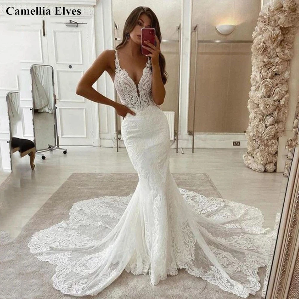 Lace Mermaid Wedding Dresses 2022 Spaghetti Strap Soft Tulle Backless Bridal Gowns Sleeveless Vintage Country Wedding Gown bridal gowns