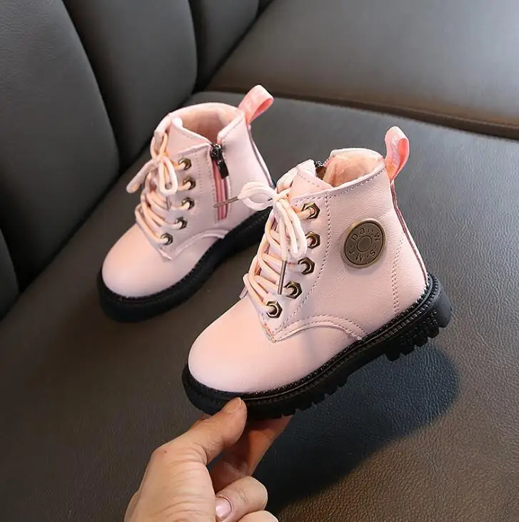 Размер 21-30, ботинки для малышей Детские ботинки на шнуровке теплые толстые плюшевые кожаные детские ботинки осенне-зимние ботинки унисекс для мальчиков и девочек - Цвет: Розовый